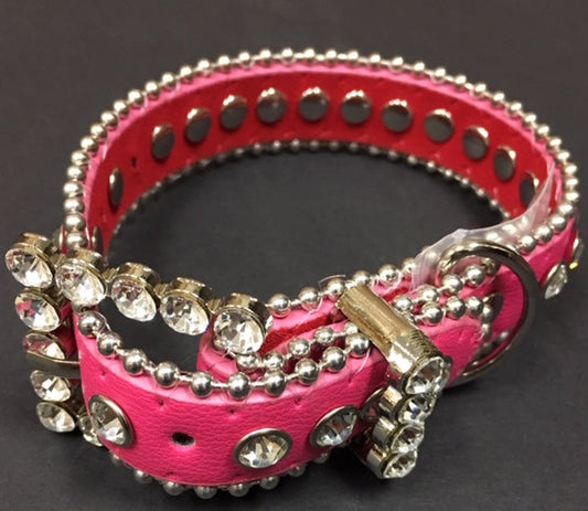 Couture Clear Crystal and Leather Dog Collar in Hot Pink